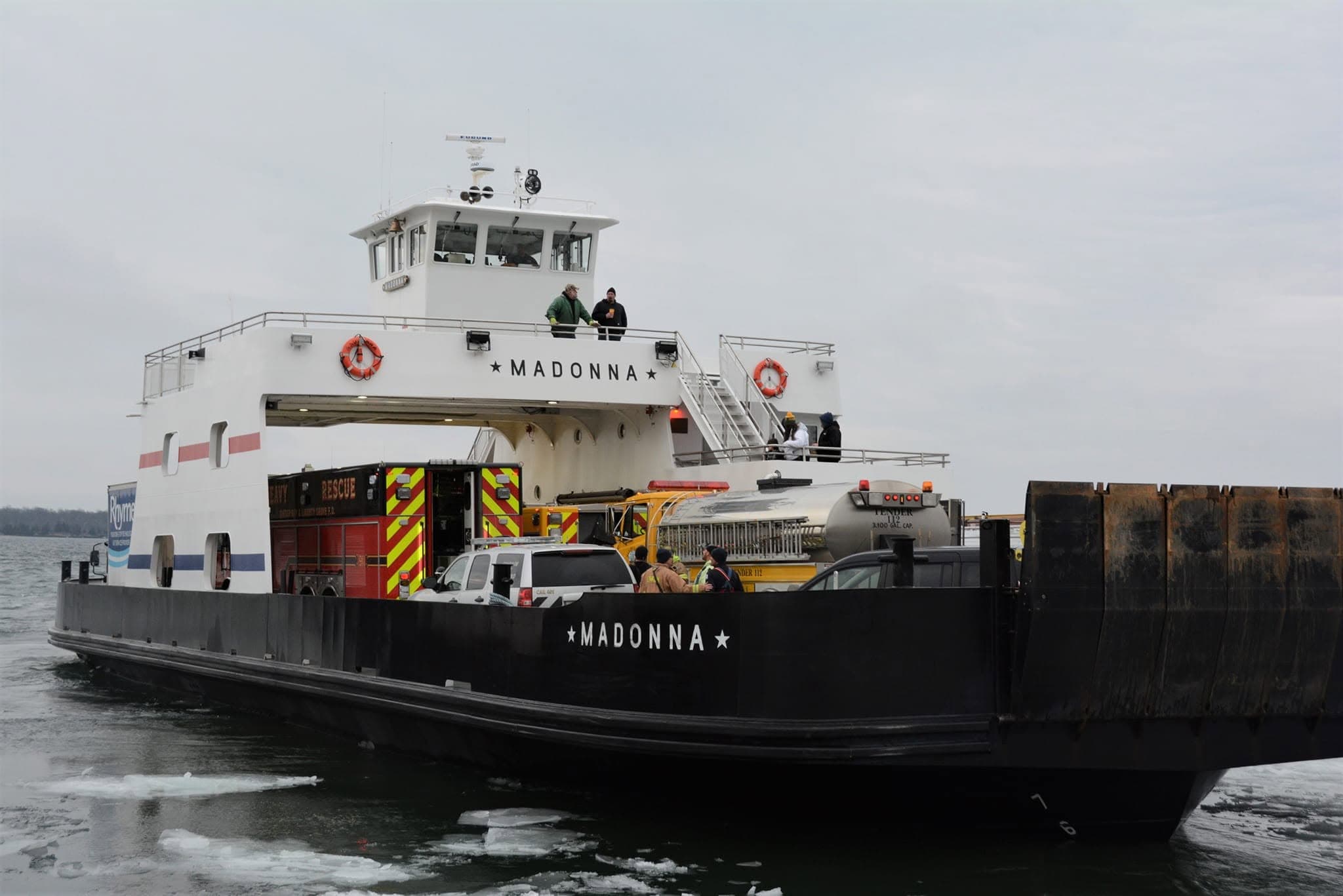 The ferry Madonna carrying fire and rescue vehicles between Washington Island and the mainland